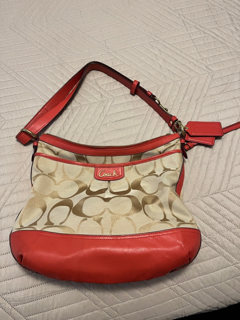Coach Beige Signature Canvas Shoulder Bag with Coral Leather Trim